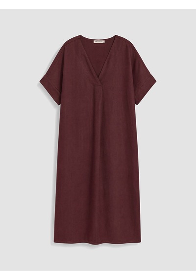 Lcw Everyday Bordo V Yaka %100 Keten Elbise