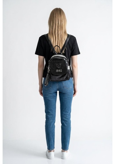 Baginn Kadın Sırt Çantası Taşlı Model Black-silver 25 19 Cm Günlük Mini Sırt Çantası Fonksiyonel Kullanım Siyah