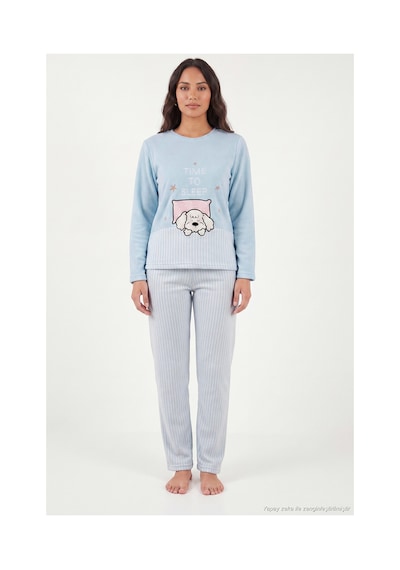 Lela Çizgili Yumuşak Kışlık Polar Pijama Takımı Kadın Pijama Takımı 6575030 Mavi
