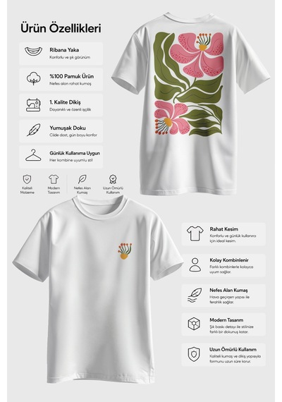 Spoyi Pembe Botanik Tasarımlı %100 Pamuk Yarım Oversize Beyaz T-shirt