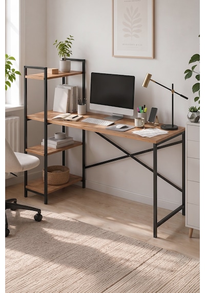 120x55 Cm Raflı Çalışma Masası Bilgisayar Masası Ofis Masası Ders Masası Cervantes Çam