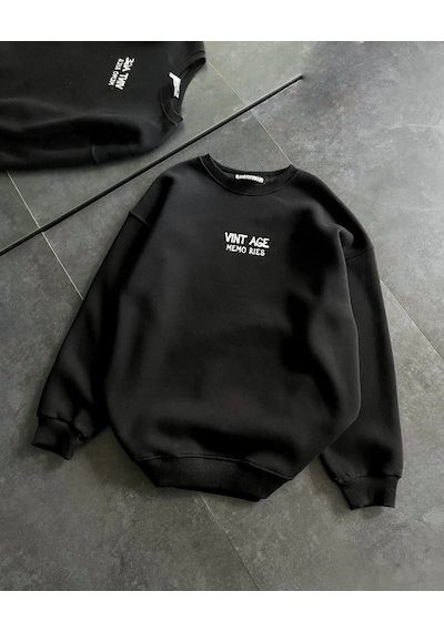 Bisiklet Yaka Üç İplik Baskılı Oversize Sweatshirt - Siyah Siyah