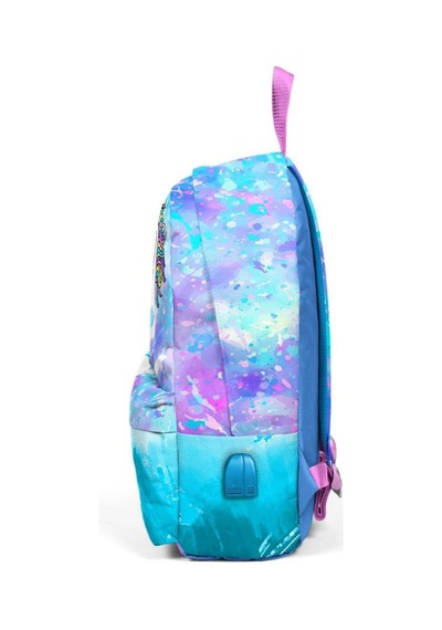 Coral High Derin Mavi Açık Pembe Unicorn Desenli İki Bölmeli USB Şarjlı Kulaklık Çıkışlı Okul Sırt Çantası 23429