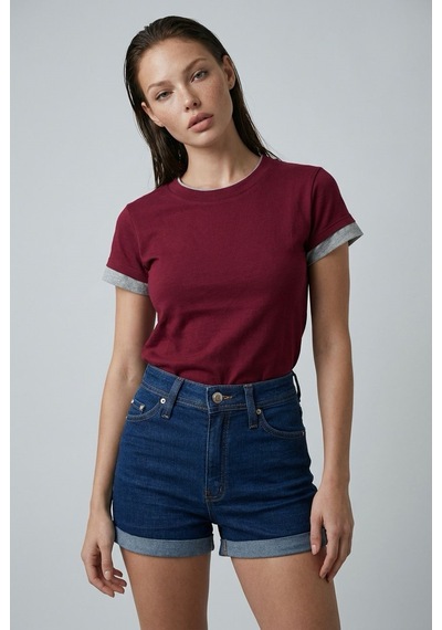Bordo Bisiklet Yaka Çift Renkli Basic Tişört Mg2682 Bordo