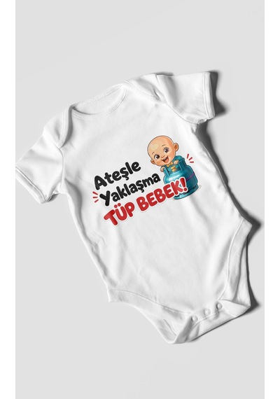 Morivokids Ateşle Yaklaşma Tüp Bebek Kısa Kollu Bebek Body %100 Pamuk Beyaz