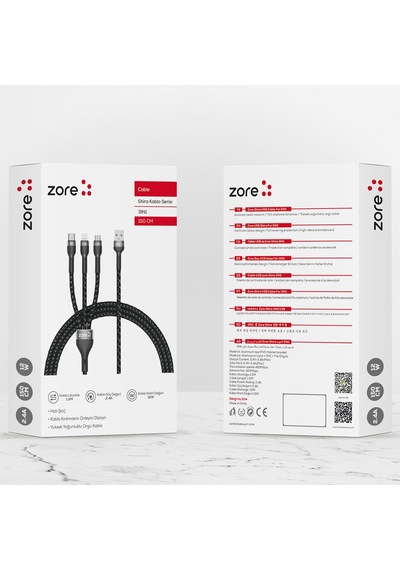 Siyah Shira Serisi 3 İn 1 Usb Kablo 150cm-zore
