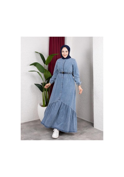 Hb Harma Time Butik Kadın Düğmeli Kuşaklı Denim Kot Mavi Elbise Mavi Mavi