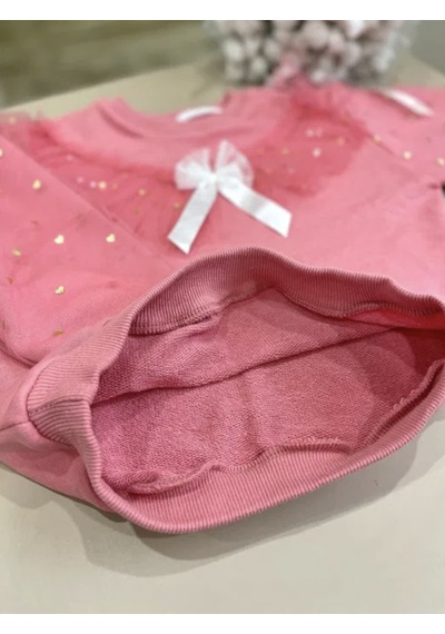 Kız Çocuk Fiyonk Kurdela Detay Organze Tül Kol Mini Kalpler Detaylı Sweatshirt 3 İplik Pudra Pembe Renk Pudra