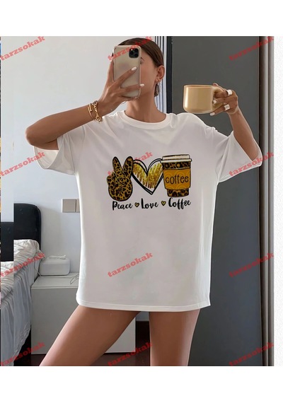 Startmore Leopar Desenli Peace Love Coffe Beyaz