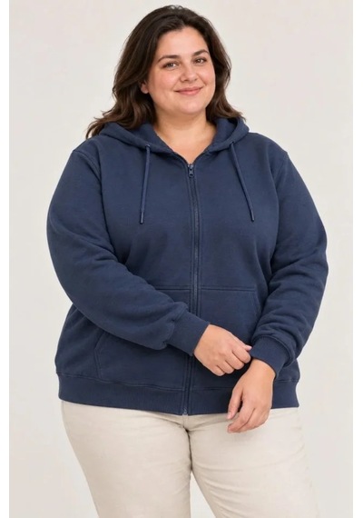 Suma Battal Büyük Beden Üç İplik İçi Şardonlu Kapüşonlu Tam Fermuarlı Kışlık Sweatshirt - Lacivert