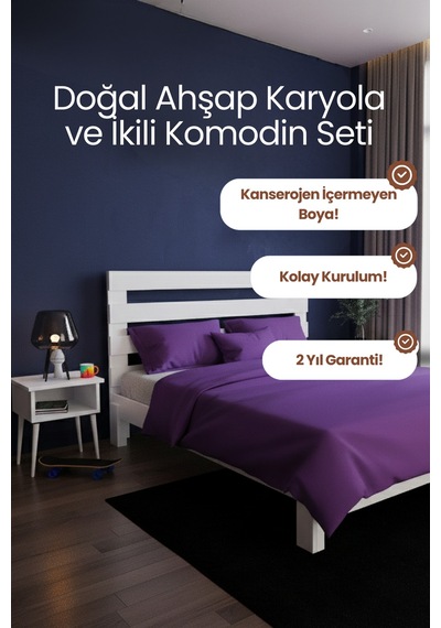 Renazzo Urban Masif Ahşap Karyola Ve 2 Adet Komodin Beyaz 150x200 Beyaz - 150 X 200