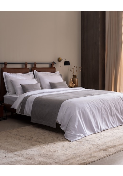 Madame Coco Orient Çift Kişilik Pamuklu Keten Bordürlü Nevresim & Runner & Kırlent Takımı - Beyaz/gri 8684427124413 Çok Renkli