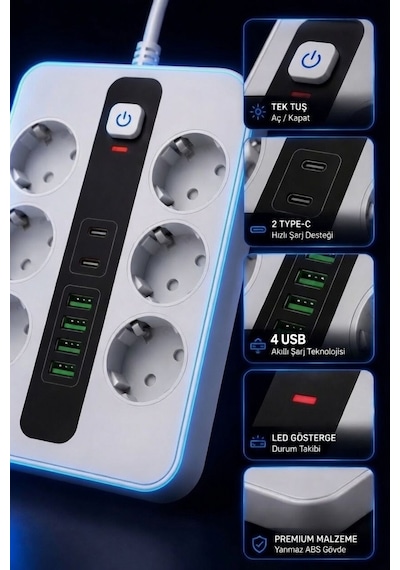 6'lı Priz Çoklayıcı 4 Usb + 2 Type-c Hızlı Şarjlı Anahtarlı Priz 3500w 2 Metre Kablo 2 - 5 M