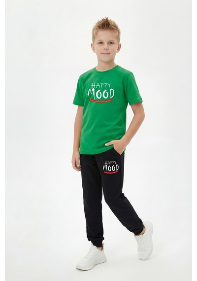 Panios Kids 3'lü Yuvarlak Yaka Baskı Detaylı Erkek Detaylı 6 Parça Erkek Çocuk Alt Üst Takım Mint Yeşili