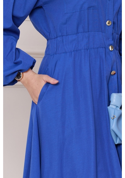 Sevitli Beli Lastik Detaylı Yasemin Elbise-saks Mavi-4816 Saks Mavi