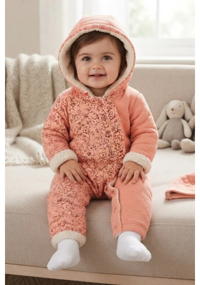 Tuffy Kids Somon Çiçek Desenli Kapüşonlu Kız Bebek Tulum Somon-ekru