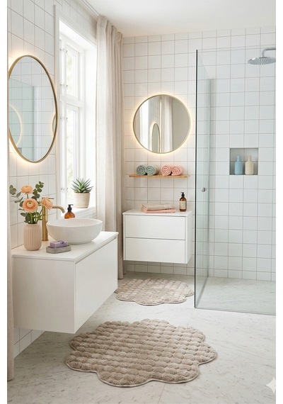 Bubble Papatya Banyo Paspası 2'li Set Pofuduk Yumuşak Peluş Kaymaz Taban Dekoratif Banyo Halısı Kum