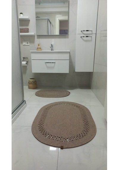 Üçlü Banyo Seti 2 Paspas- 1 Organizer Sepet Jüt İp Ekru - Hardal