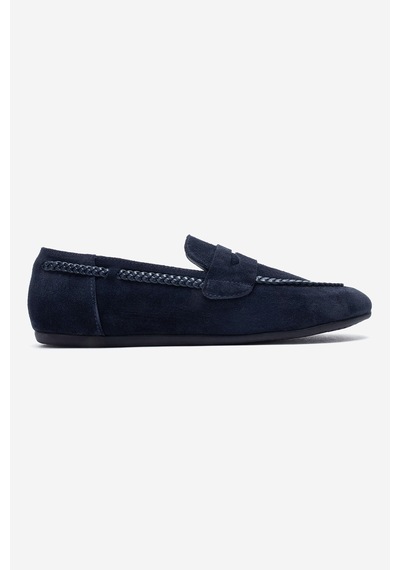 Luvi Shoes Francıs Lacivert Süet Hakiki Deri Örgü Detaylı Kadın Loafer Ayakkabı