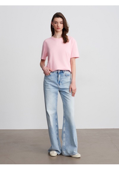 Dilvin 30312 Pamuk Dekoratif Dikişli Bisiklet Yaka T-shirt-toz Pembe 36