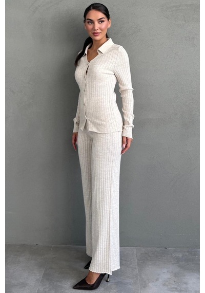 Madmext Taş Rengi Fitilli Polo Yaka Düğmeli Triko Kadın Takım Mg2802