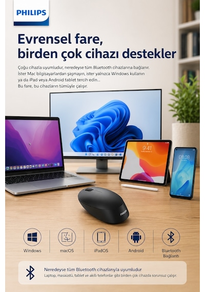 Philips SPK7407B/00 Kablosuz Bluetooth Mouse 2.4GHz Çoklu Cihaz Desteği 1600 DPI Sessiz Siyah
