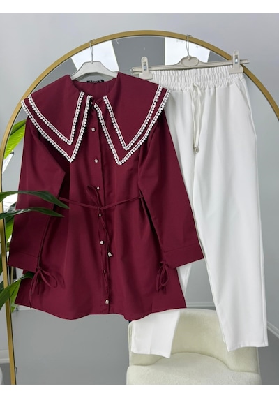 Lovie Moda Vintage Yaka Pantolonlu Takım Bordo