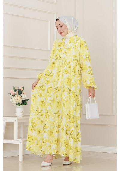 Sevitli Kuşaklı Çiçekli Lina Elbise-sarı-5262 Sarı