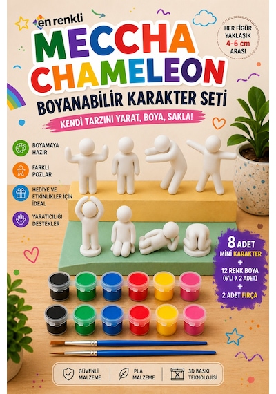 Meccha Chameleon Boyama Seti 8 Mini Karakter 2x6'lı Boya Seti 2 Fırça Eğitici Hobi Aktivite Oyuncağı