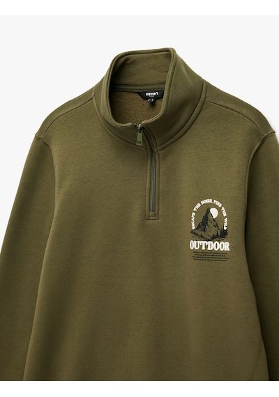 Koton Baskılı Yarım Fermuarlı Şardonlu Uzun Kollu Dik Yaka Sweatshirt Haki 6wam70149mk Haki