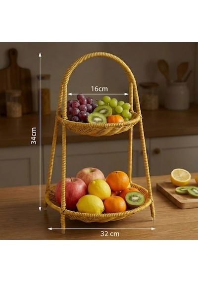 Buffer Plastik Rattan İki Katlı Sunumluk Dekoratif Organizer, Mutfak Meyve,sebze Sepeti, Banyo Çok Renkli