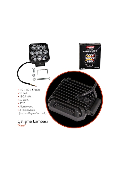Carub 12-24v Çalışma Lambası Kare 10 Led 27w 3 Fonksiyonlu 110x110x37mm Br3010581