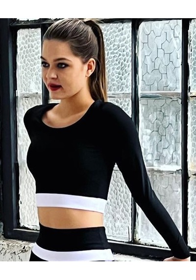 Lismina Beli Beyaz Şeritli Siyah Uzun Kollu Spor Büstiyer Siyah - Beyaz