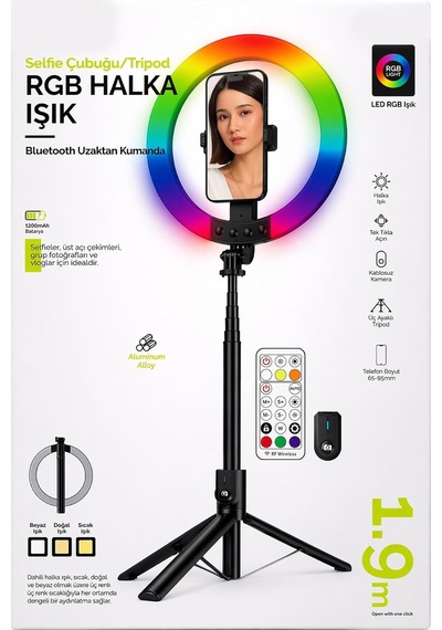 Rgb Halka Işık Uzun Tripod Selfie Çubuğu 1.9m-1200 Mah Şarjlı Kumandalı Ring Light Telefon Tutucu