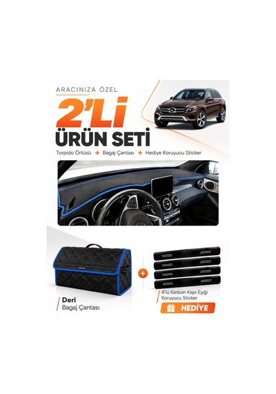 E-biz Mercedes Glc 2015-2020 Uyumlu Torpido Örtüsü + Deri Bagaj Çantası Seti - Siyah-mavi - Mb015