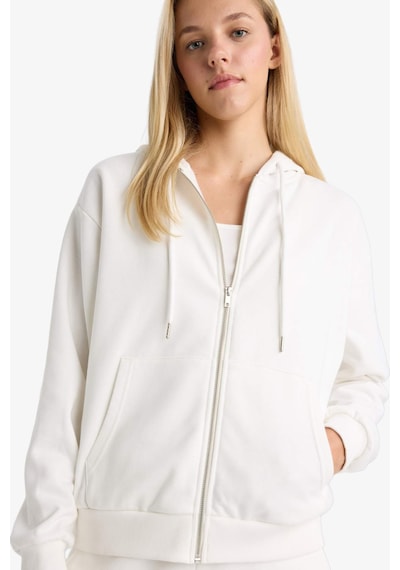 Defacto Relax Fit Kapüşonlu Basic Düz Kalın Fermuarlı Sweatshirt C1809ax25auer105 Ekru