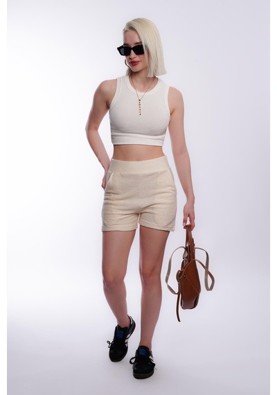 Madmext Mad Girls Krem Rengi Kaşkorse Kumaş Kadın Şort Mg572