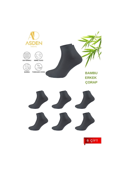 Asden Bambu Erkek Siyah Kısa Konç Çorap 6'lı Paket, Yıkamalı, Burun Dikişsiz 6 Çift Gri
