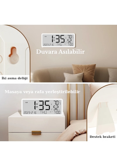 Büyük Lcd Dijital Duvar Masa Saati Sıcaklık Ve Nem Göstergeli Çalar Saat Askılı/masaüstü Dijital