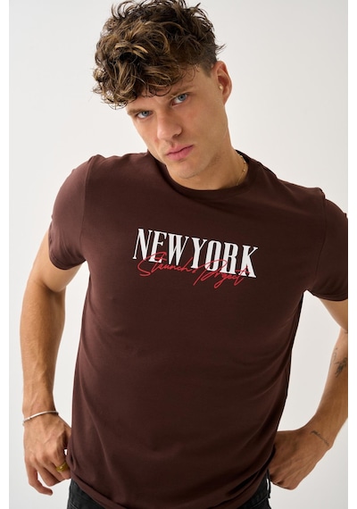 Oversize Bisiklet Yaka Baskılı T-shirt Kahverengi