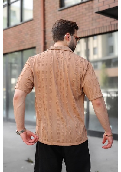 Madmext Bej Dalga Desenli Regular Fit Erkek Gömlek E6771