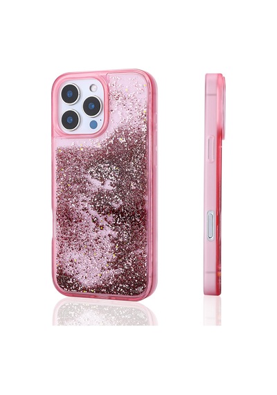 Zore İphone 12 Pro Kılıf Sıvılı Simli Şeffaf Arka Yüzey Nvth Keto Silikon Kapak - Pembe
