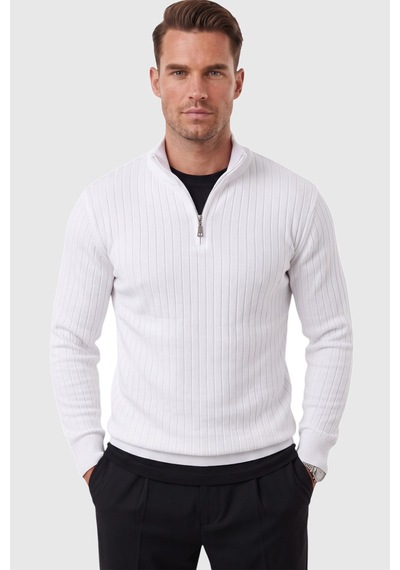 Deepsea Erkek Slim Fit Tüylenmeyen Beyaz Çizgi Dokulu Triko Kazak Fermuarlı Dik Yaka Esnek 2708504 Deepsea Erkek Slim Fit Tüylenmeyen Beyaz Çizgi Dokulu Triko Kazak Fermuarlı Dik Yaka Esnek 2708504