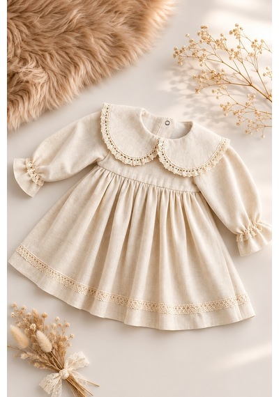 Mnk Baby & Kids Kız Bebek %100 Pamuk Bebe Yaka Uzun Kollu Müslin Elbise M00851 ekru