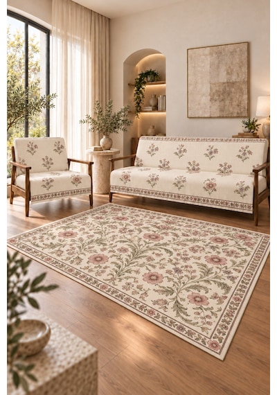 3 Lü Set 2 Adet 165x215 Cm Koltuk Örtüsü + 1 Adet 6m2 180x280 Cm Kaymaz Taban Dijital Baskılı Halı krem