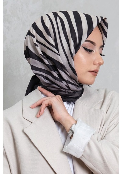 Afvente Zebra Desen Siyah Pamuk Eşarp