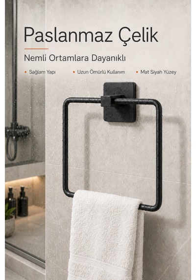 Paslanmaz Çelik Kare Yapışkanlı Siyah Kare Havluluk Banyo Askılığı