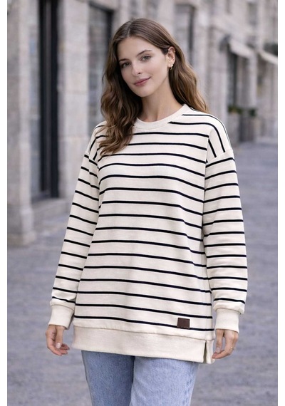 Tenra Oversize Geniş Kalıp Kadın Sweatshirt Bisiklet Yaka Basic Çizgili Lacivert