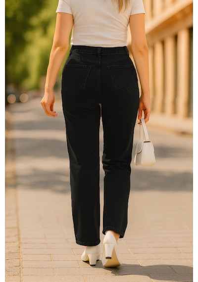 Cedy Denim Cedy Denım - Kadın Büyük Benden Boru Paça Yüksek Bel Regular Fit Likralı Pantolon C626 Siyah