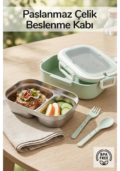 2 Bölmeli Kaşık Çatallı Paslanmaz Çelik Yemek Kabı Lunch Box Sefer Tası Beslenme Kabı Yeşil